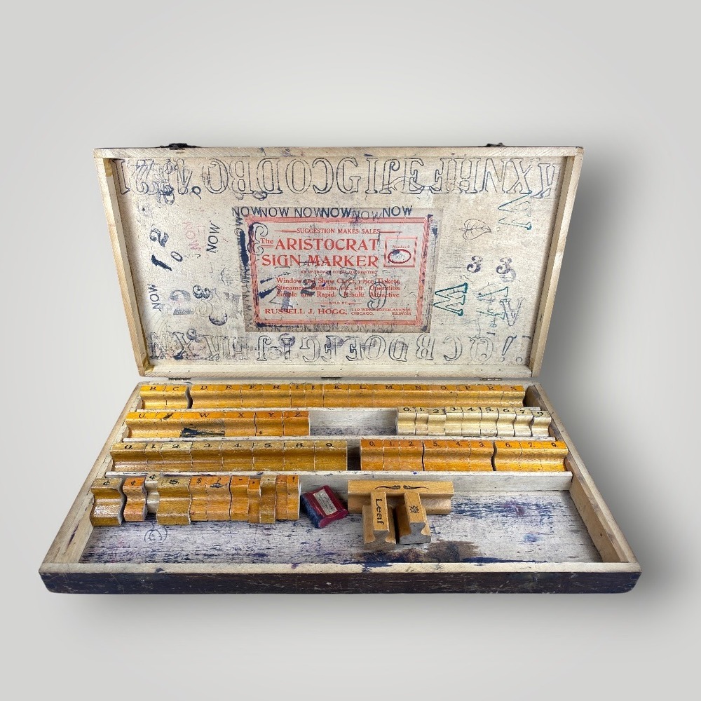 Antique Aristocrat Sign Marker Rubber‎ Stamp Set 1910s-1930s Box 63 Pieces